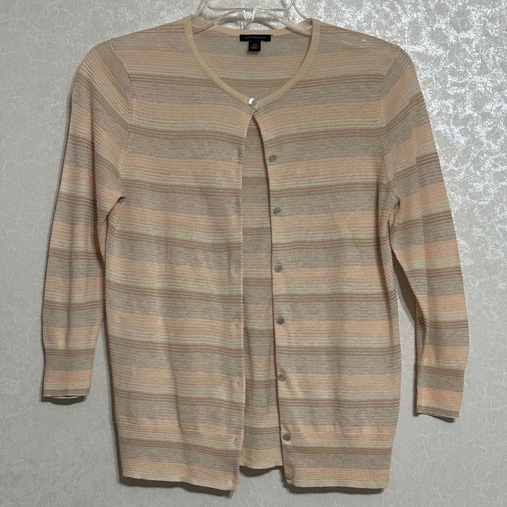 Ann Taylor Striped Button Up Cardigan Sweater Cotton Blend 3/4 Sleeve Peach XS